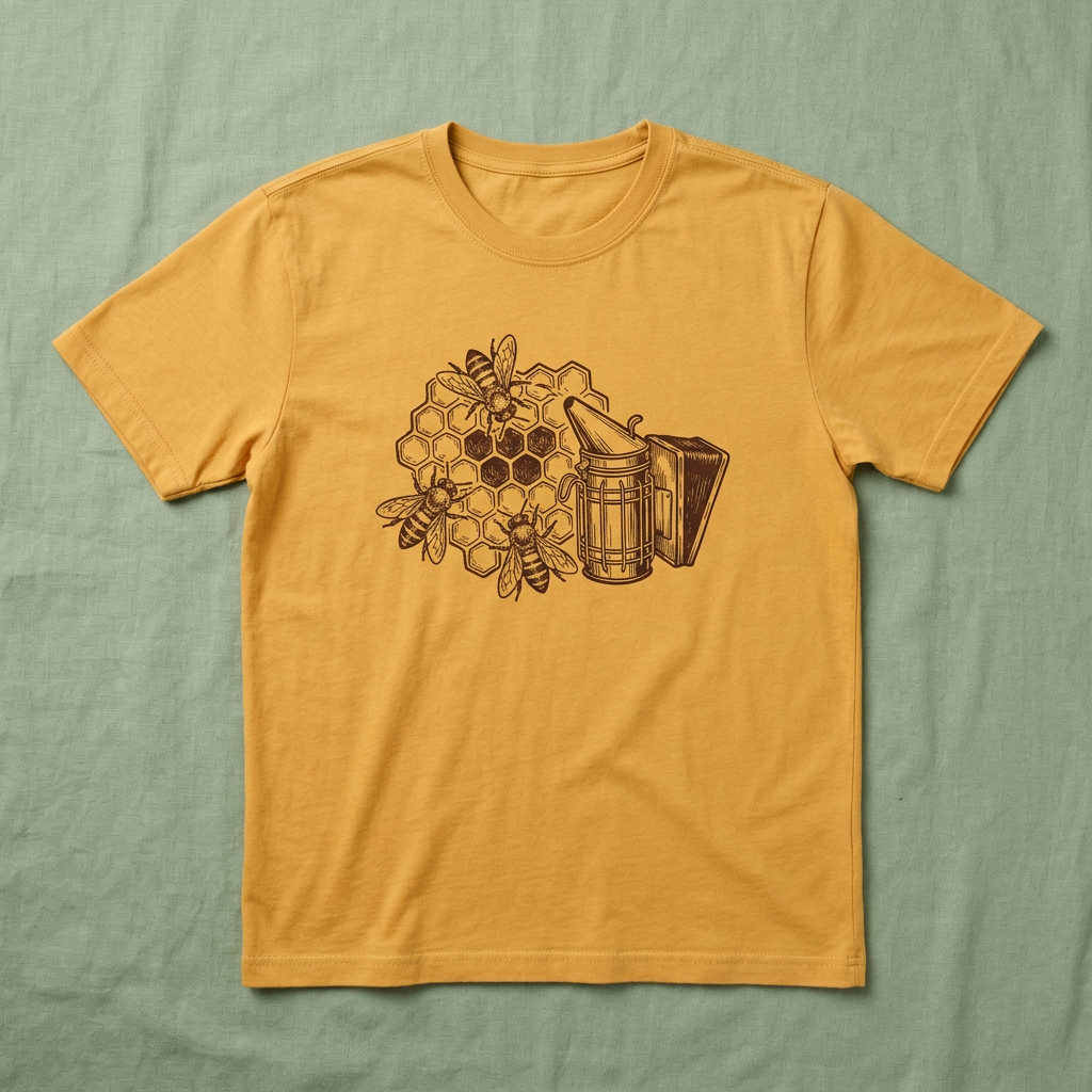 Sample design: a mustard t-shirt with a honeycomb, three bees and a smoker.