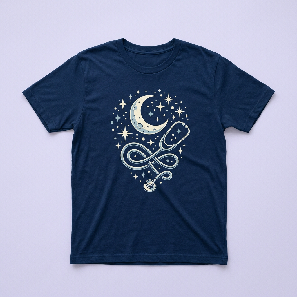 Sample design: a navy t-shirt with a crescent moon, stars and a coiled stethoscope.
