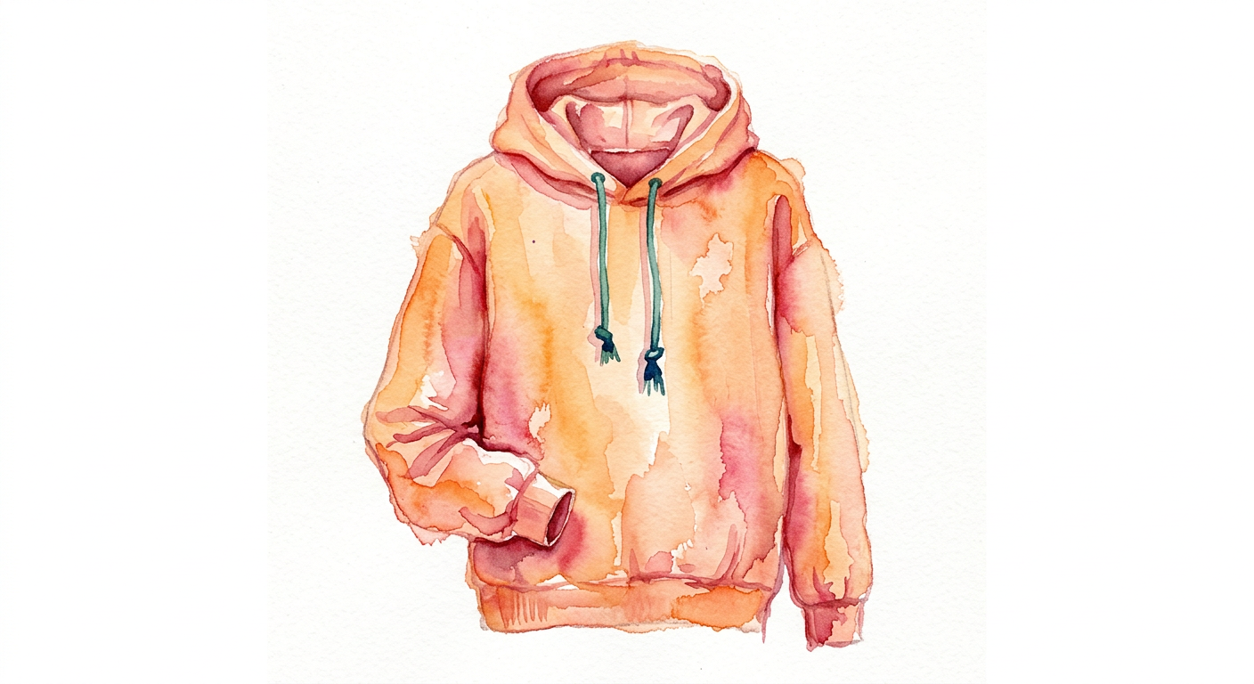 Watercolor painting of an apricot hooded sweatshirt.