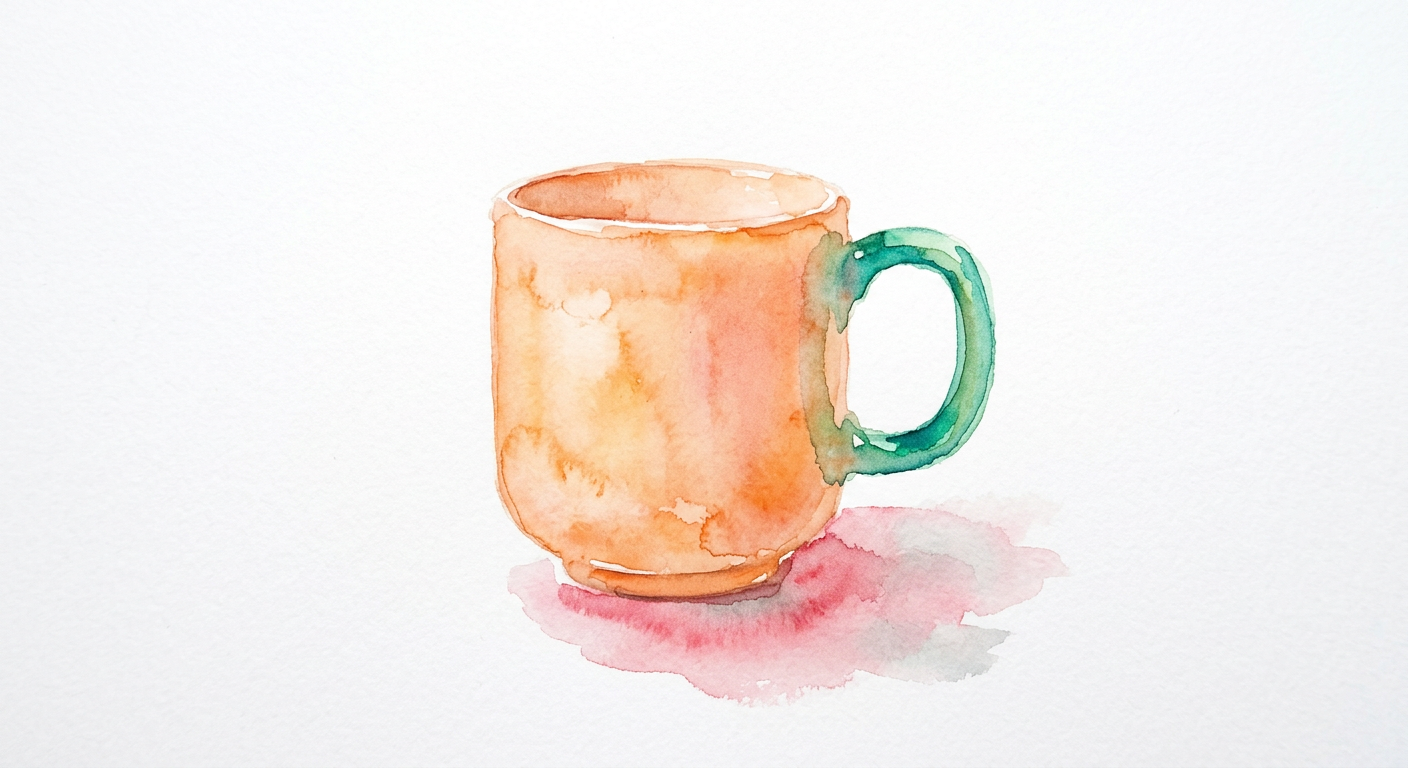 Watercolor painting of an orange mug with a green handle.