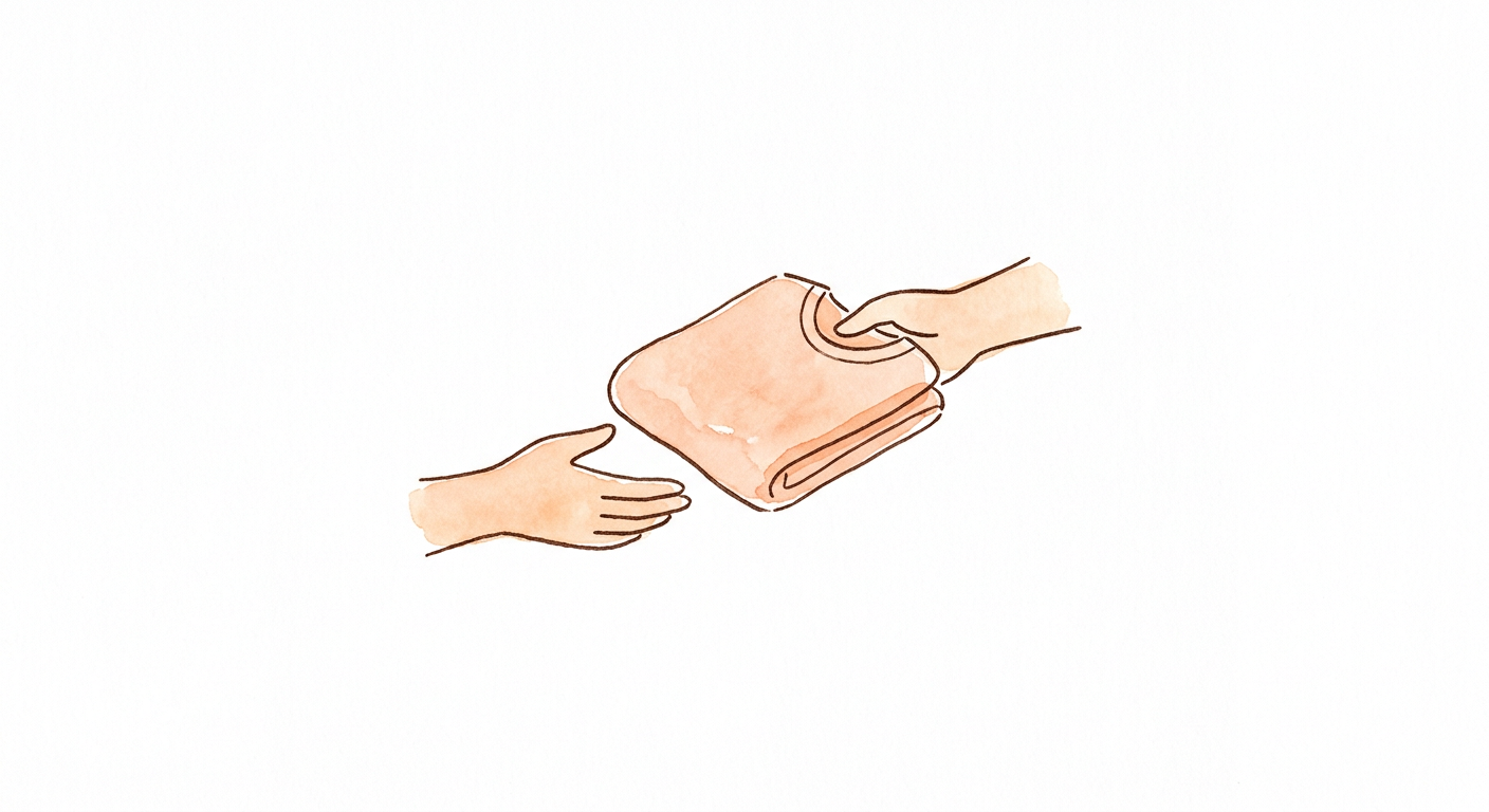 Watercolor of one hand passing a folded t-shirt to another.