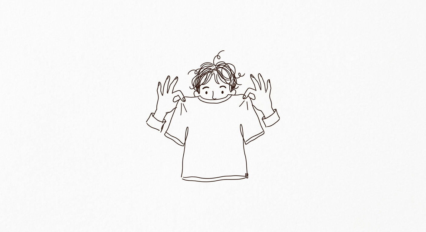 Line drawing of a person peeking over the top of a t-shirt they hold up.